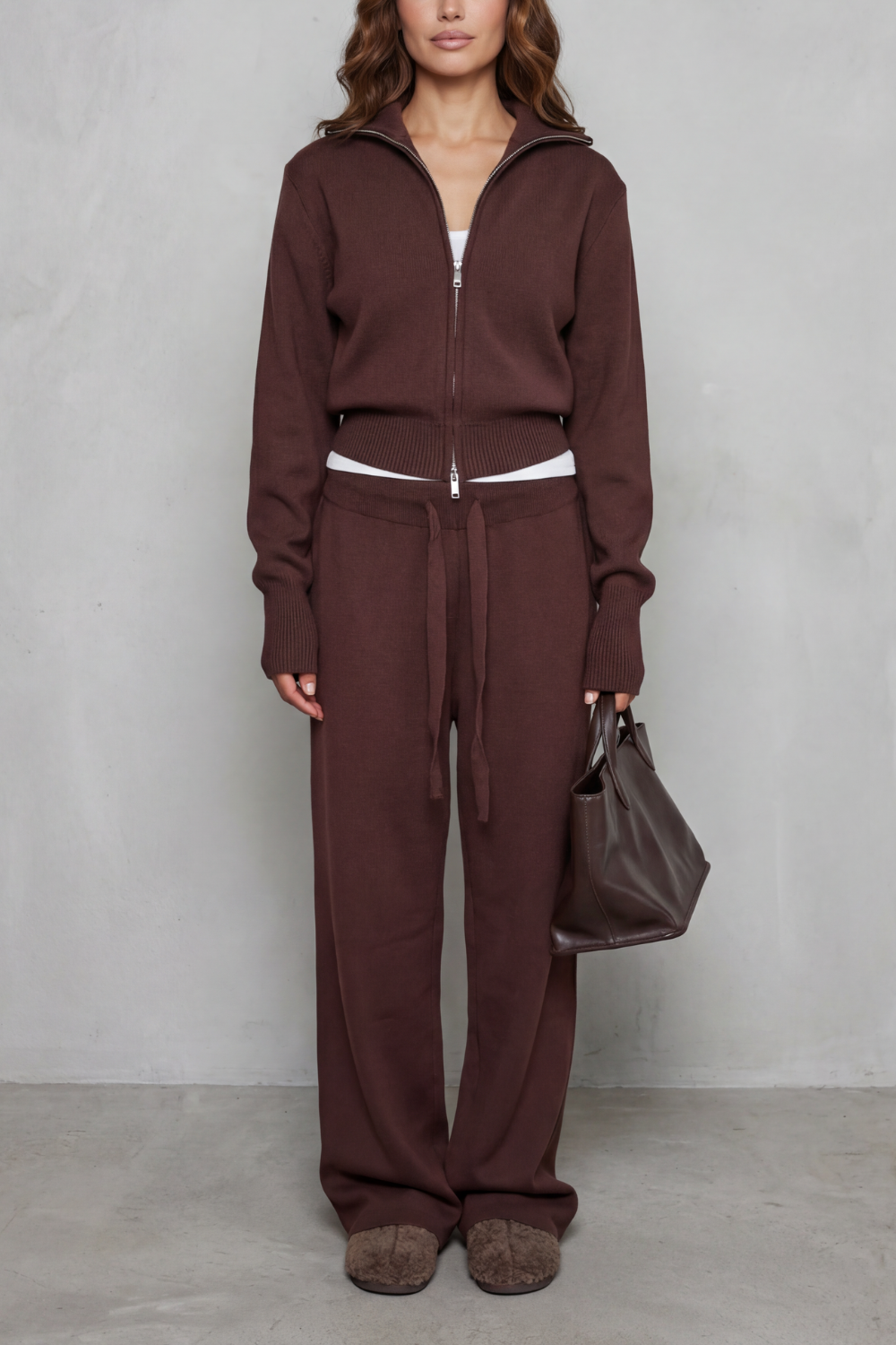 Zip-front knit wide-leg set in brown for women