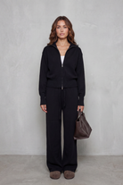 Zip-front knit wide-leg set for women