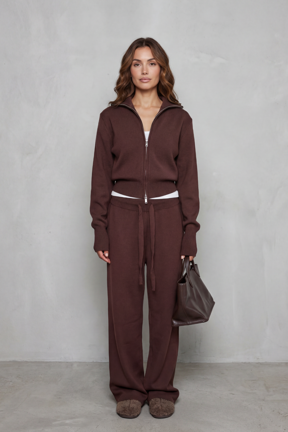 Zip-front knit wide-leg set for women