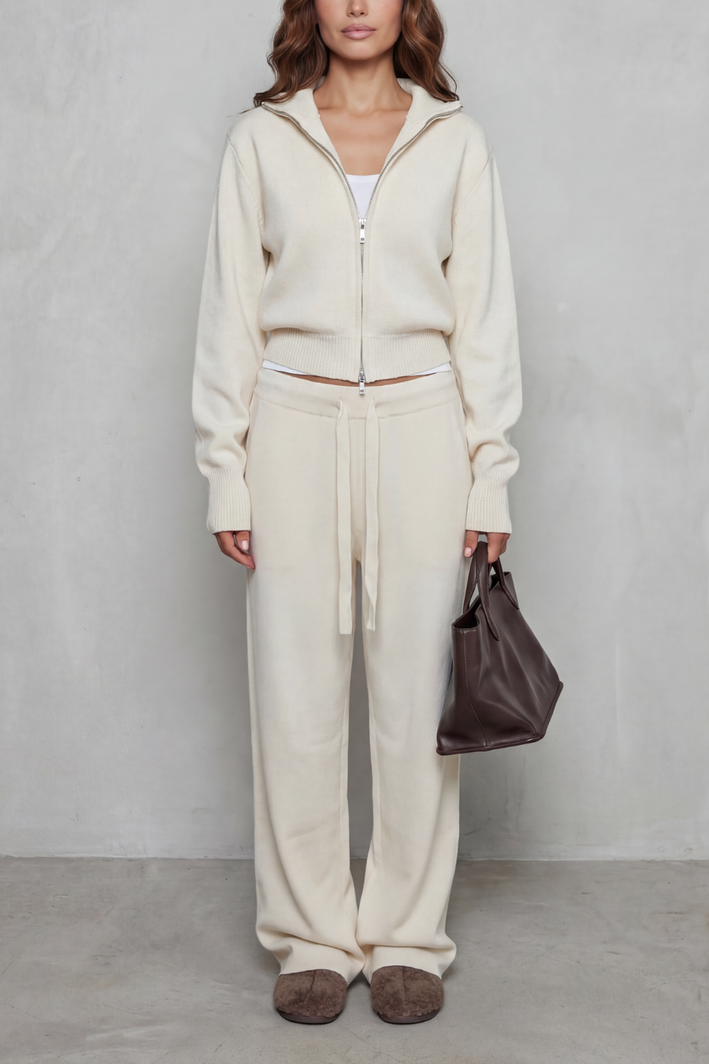Zip-front knit wide-leg set in white for women