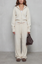 Zip-front knit wide-leg set in white for women