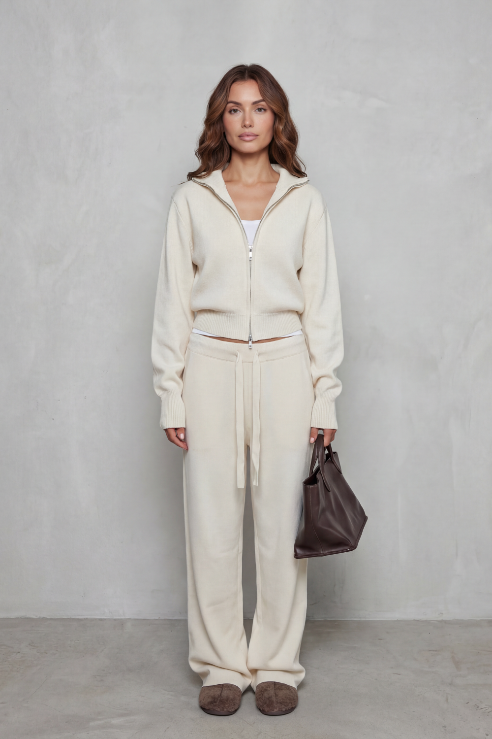 Zip-front knit wide-leg set for women