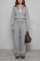 Zip-front knit wide-leg set in grey for women