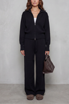 Zip-front knit wide-leg set in black for women