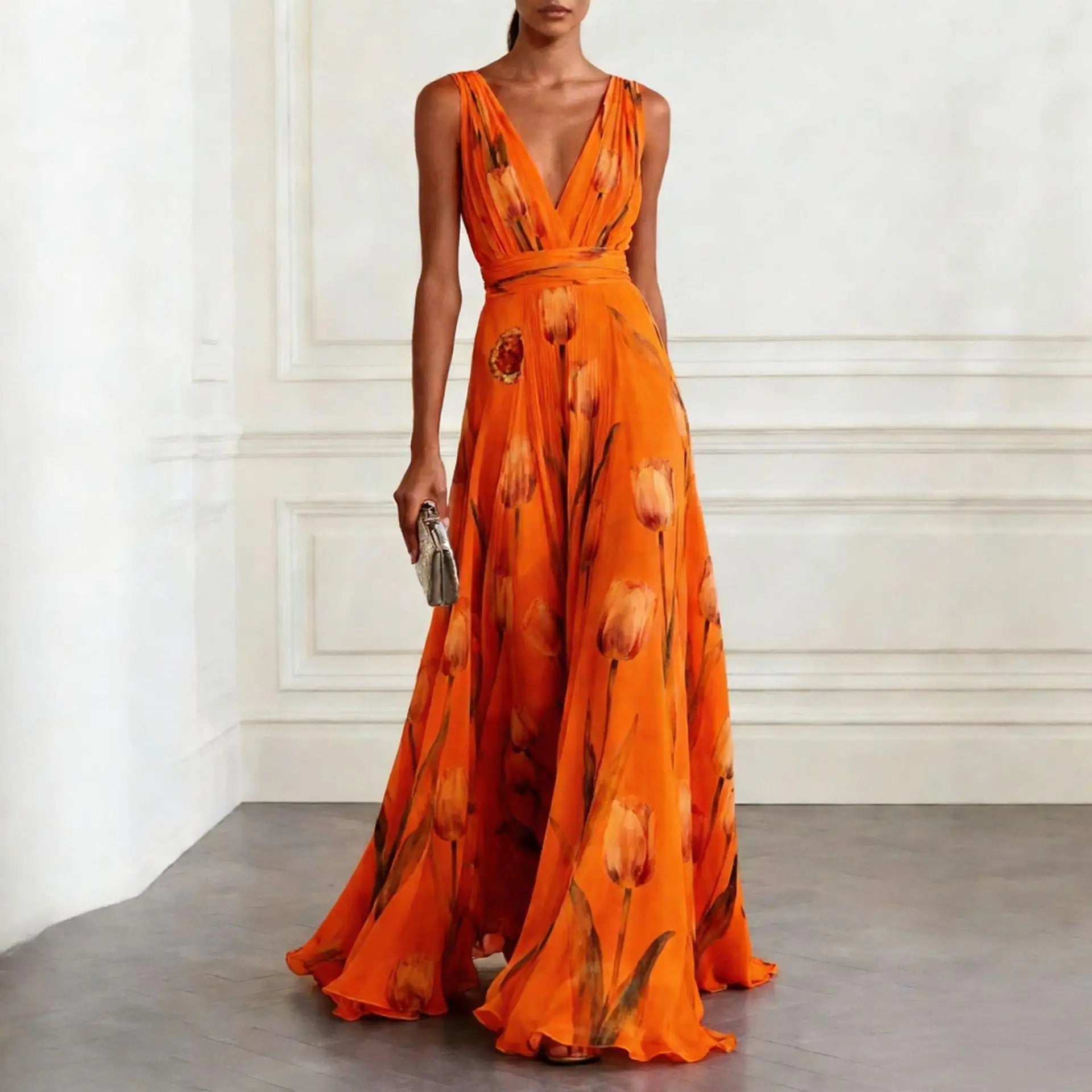 Vestido largo con estampado de tulipanes y escote en V