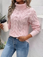 Cable knit turtleneck sweater in pink for women