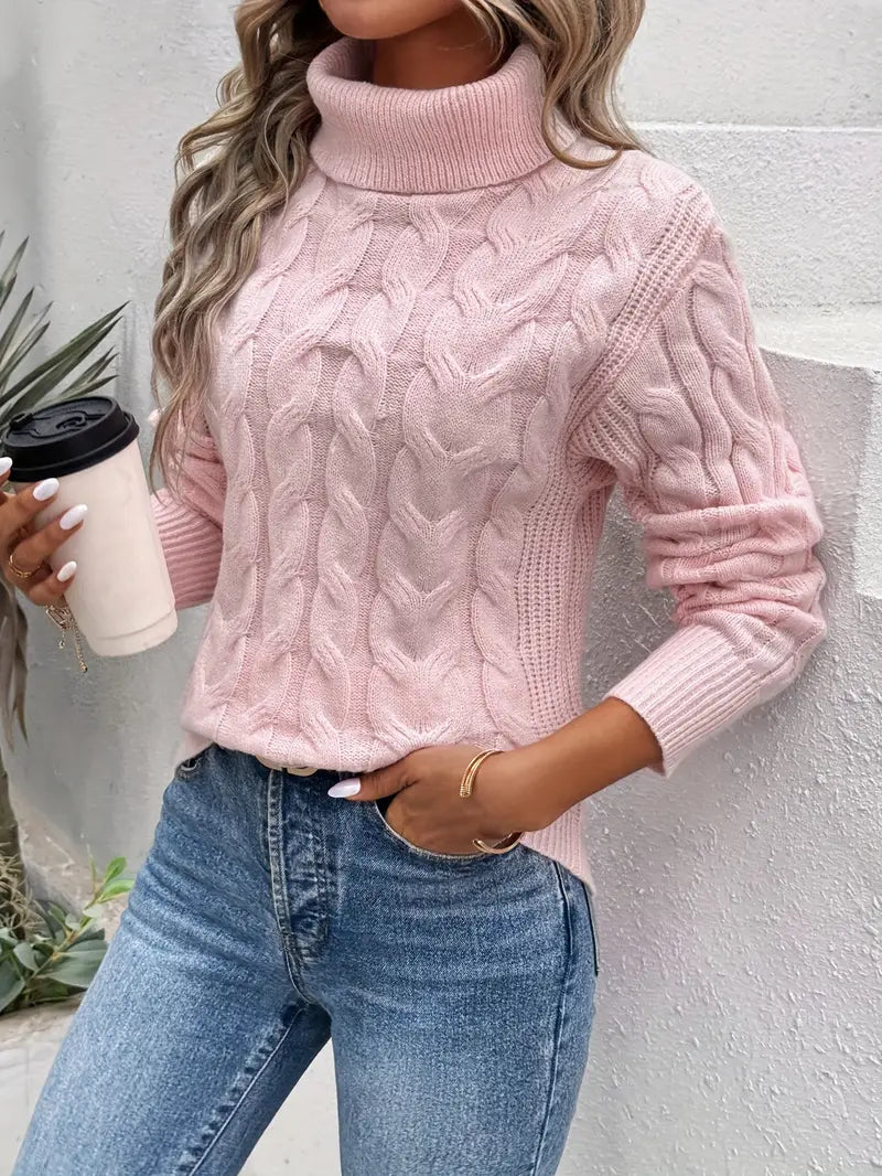 Cable knit turtleneck sweater in pink for women