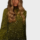 Green long-sleeve sequin mini dress with high neck for women