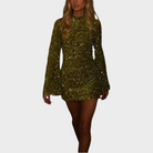 Green long-sleeve sequin mini dress with high neck for women