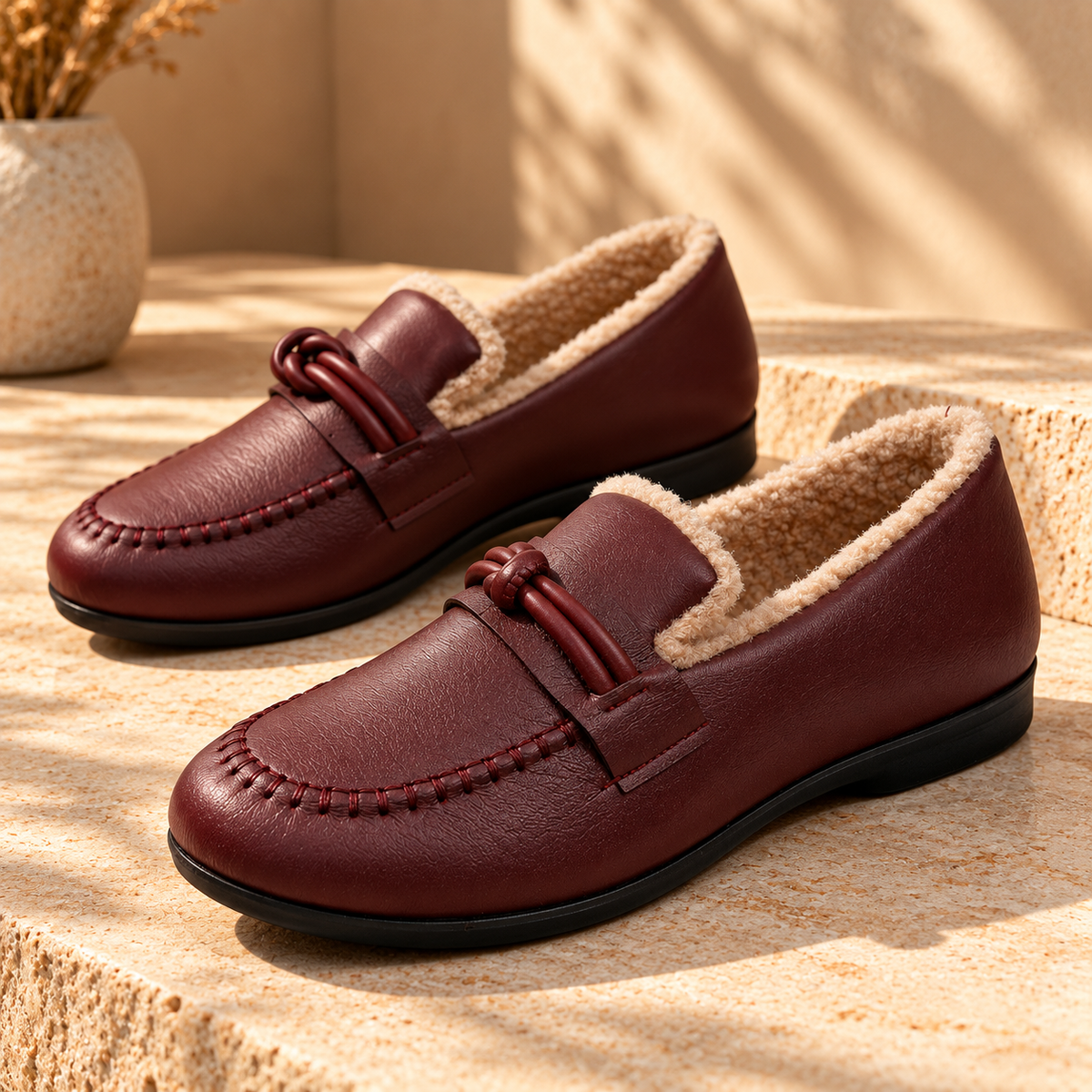 Fleece-lined knot leather-look loafers for women
