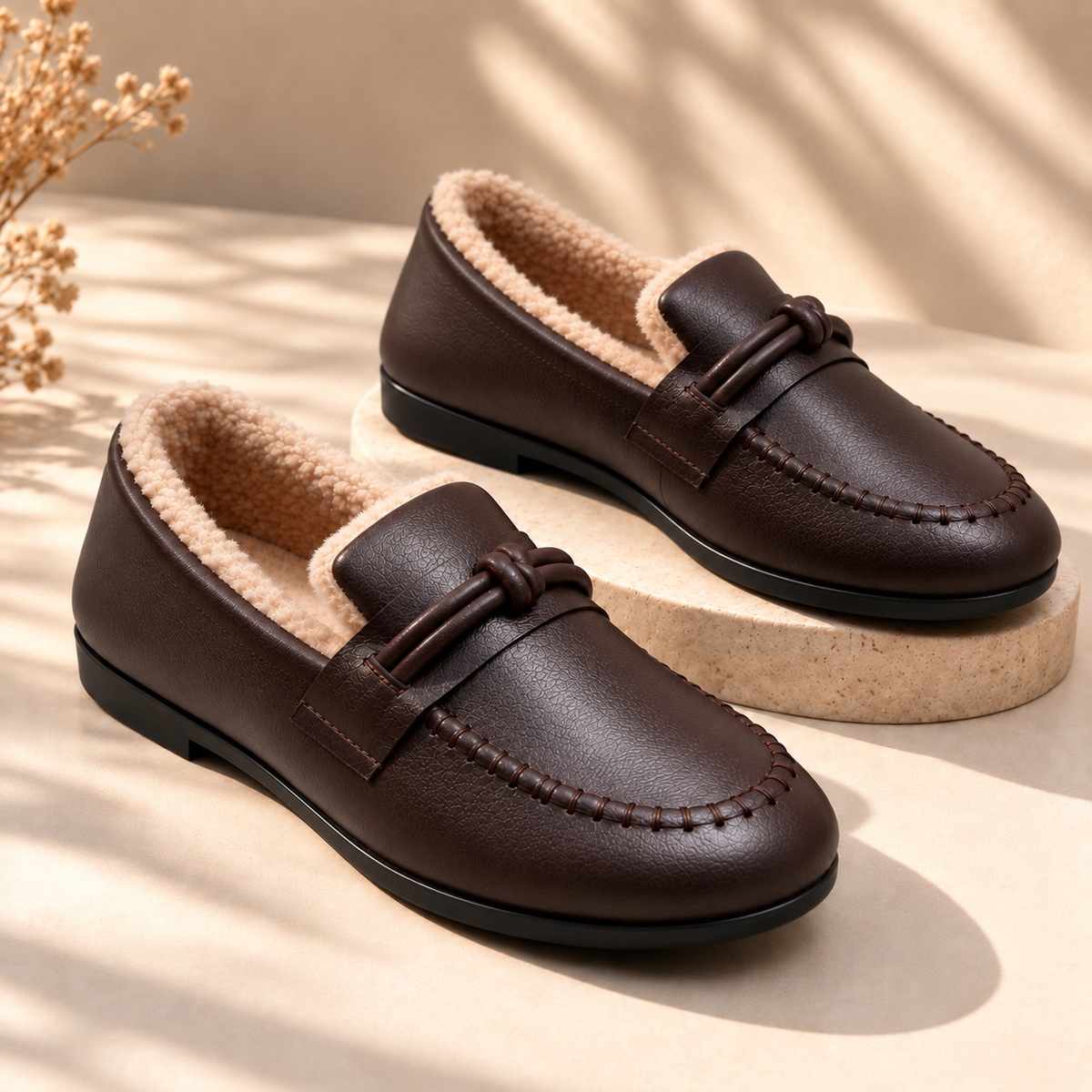 Fleece-lined knot leather-look loafers for women