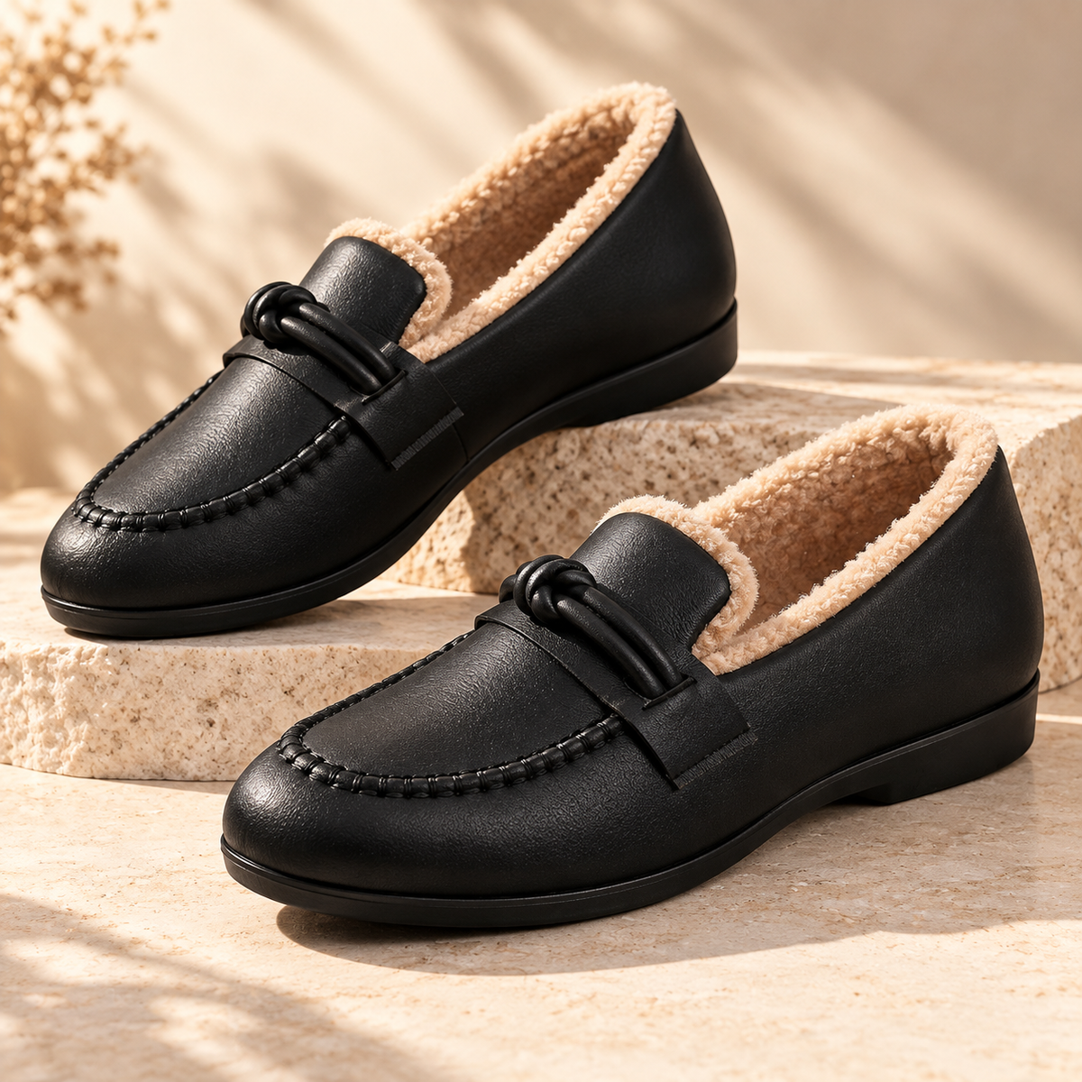 Fleece-lined knot leather-look loafers for women
