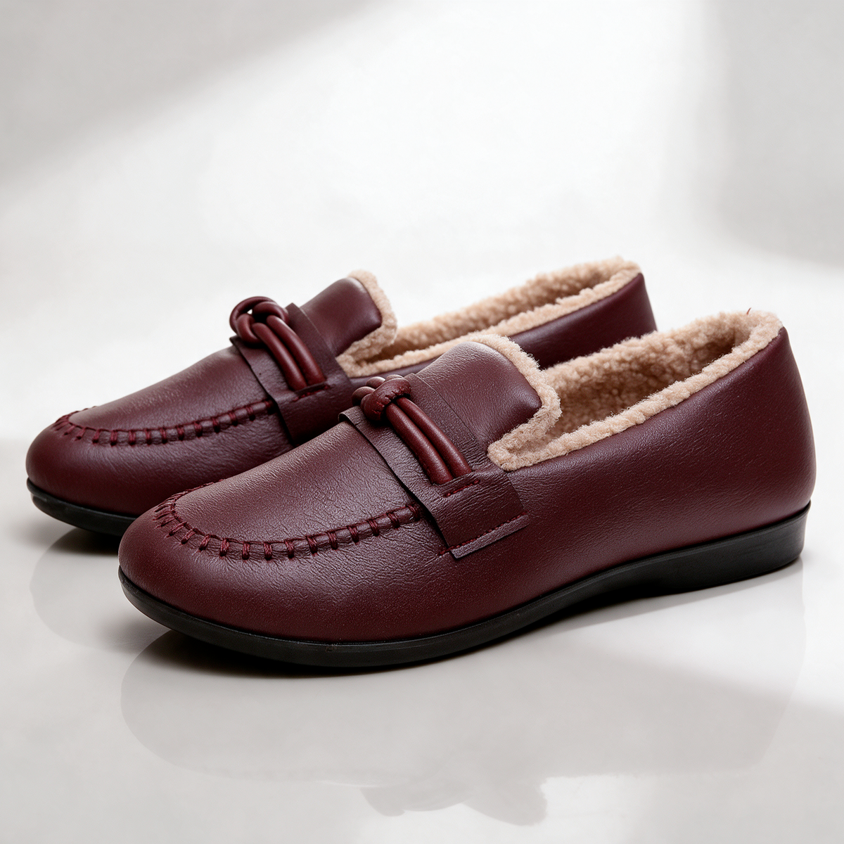 Fleece-lined knot leather-look loafers for women