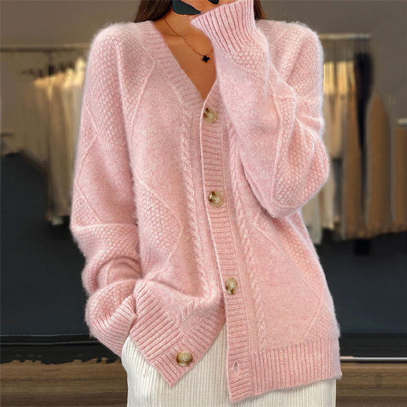 Cable knit V-neck cardigan in pink, gray, beige and red for women