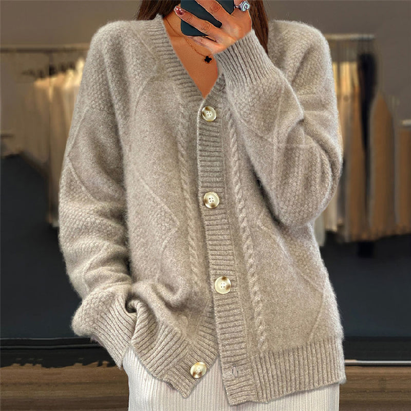 Cable knit V-neck cardigan in pink, gray, beige and red for women