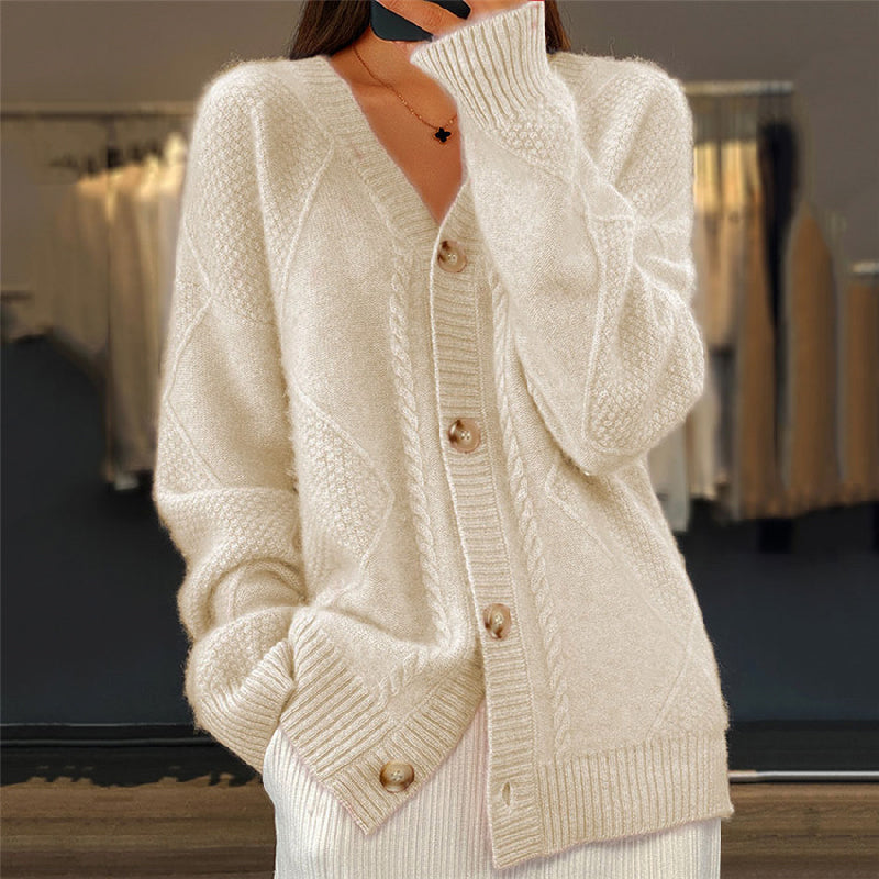 Cable knit V-neck cardigan in pink, gray, beige and red for women