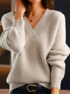 Ribbed knit balloon sleeve V-neck sweater for women