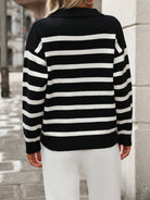 Striped polo collar V-neck knit sweater for women