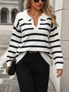 Striped polo collar V-neck knit sweater for women