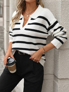 Striped polo collar V-neck knit sweater for women