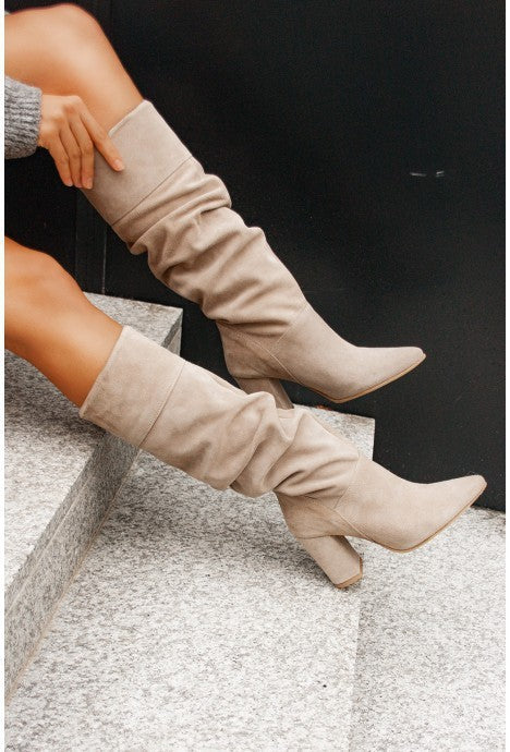 Suede-look knee-high slouch boots for women