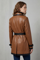 Contrast trim leather-look belted coat for women