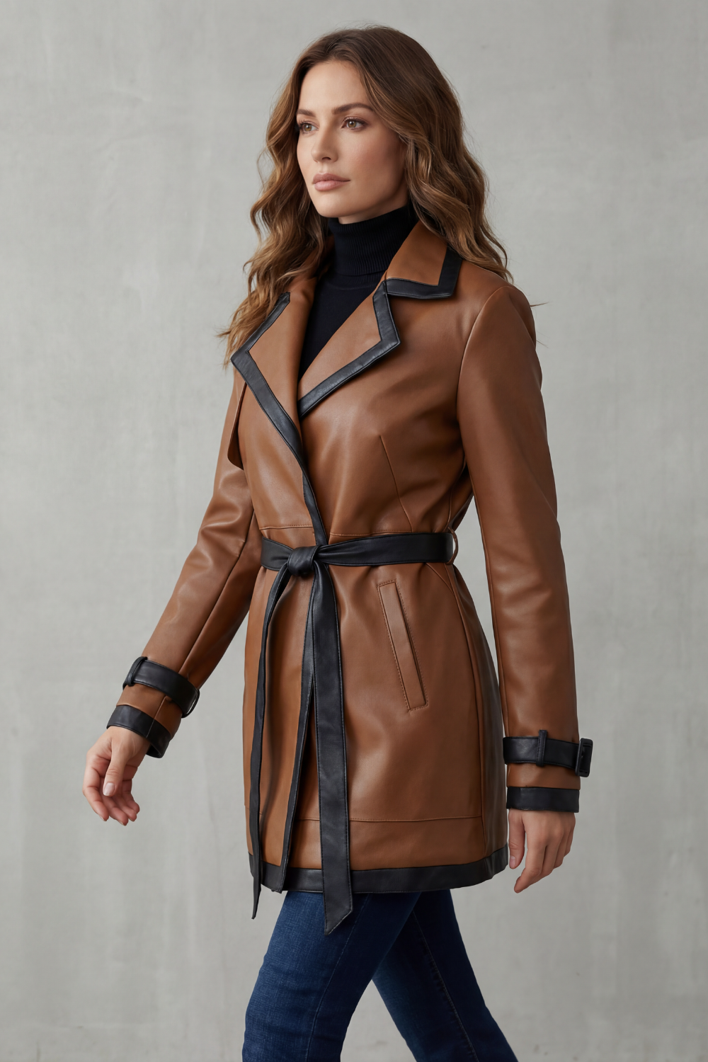 Contrast trim leather-look belted coat for women