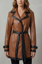Contrast trim leather-look belted coat for women
