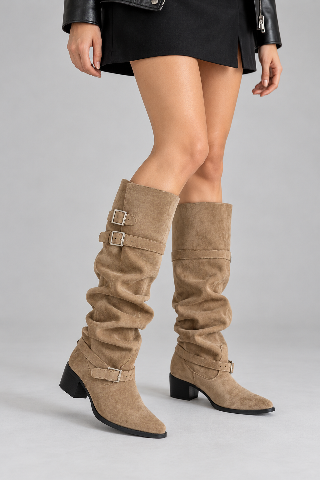 Suede-look buckle knee-high slouch boots for women