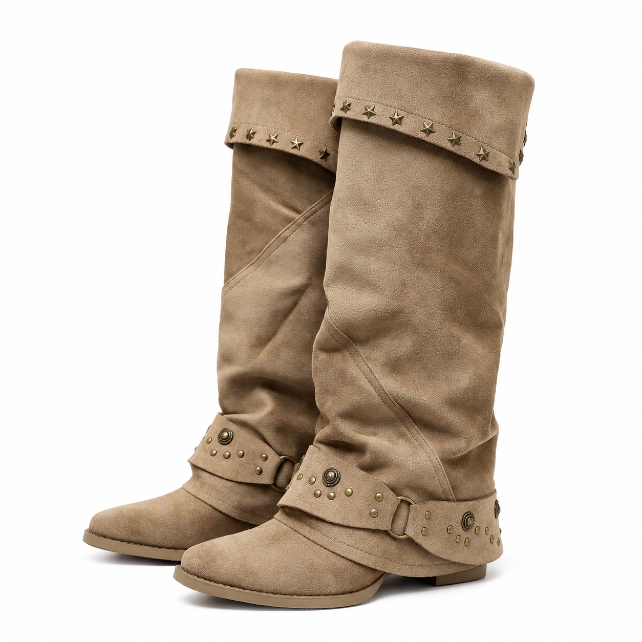 Fold-over slouch buckle boots for women