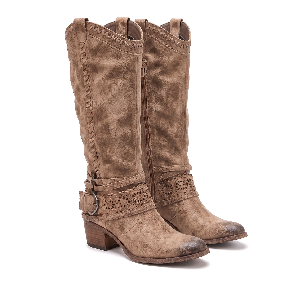 Laser-cut knee-high western buckle boots for women