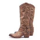 Laser-cut knee-high western buckle boots for women