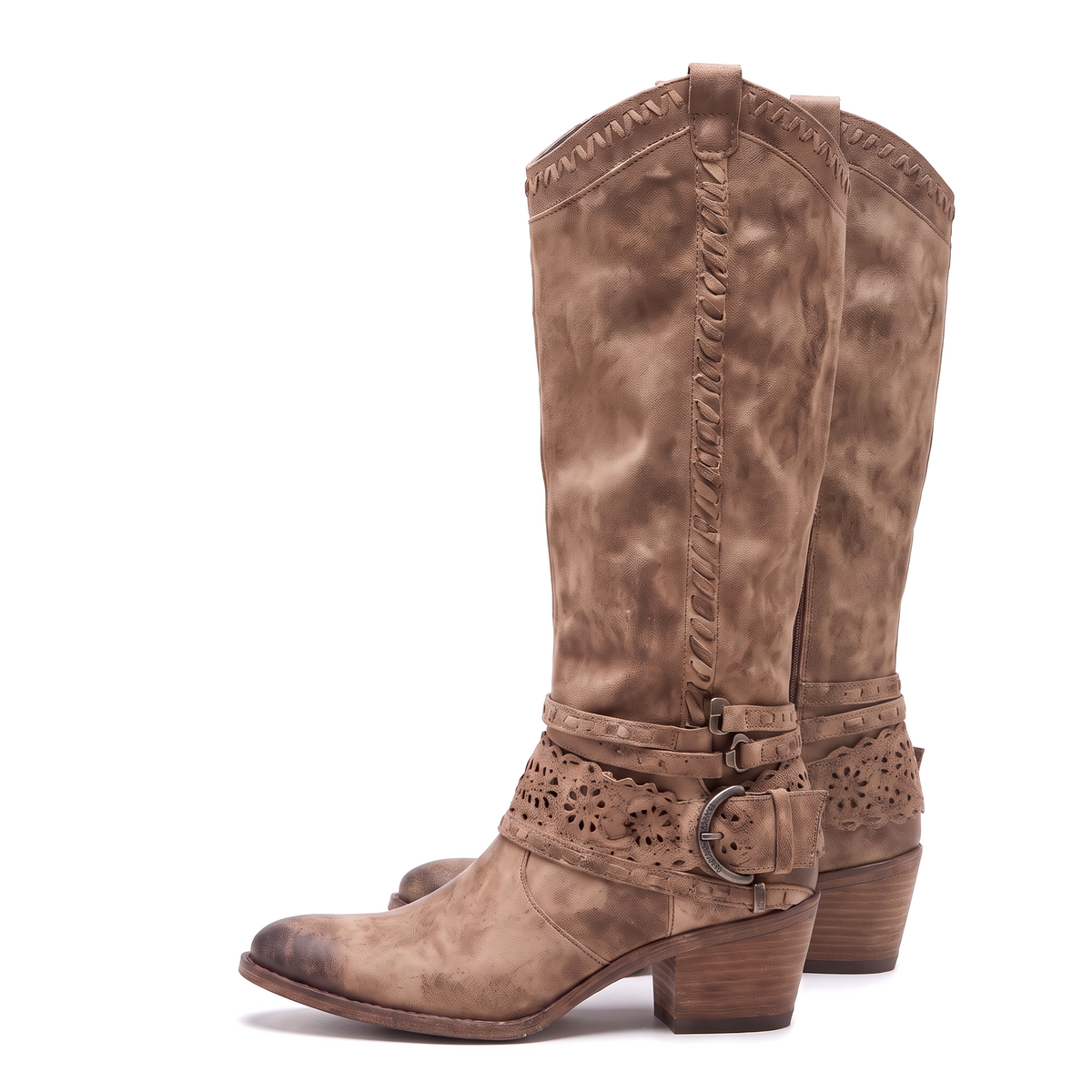 Laser-cut knee-high western buckle boots for women
