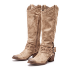 Laser-cut knee-high western buckle boots for women