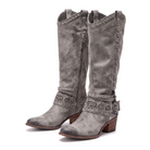 Laser-cut knee-high western buckle boots for women