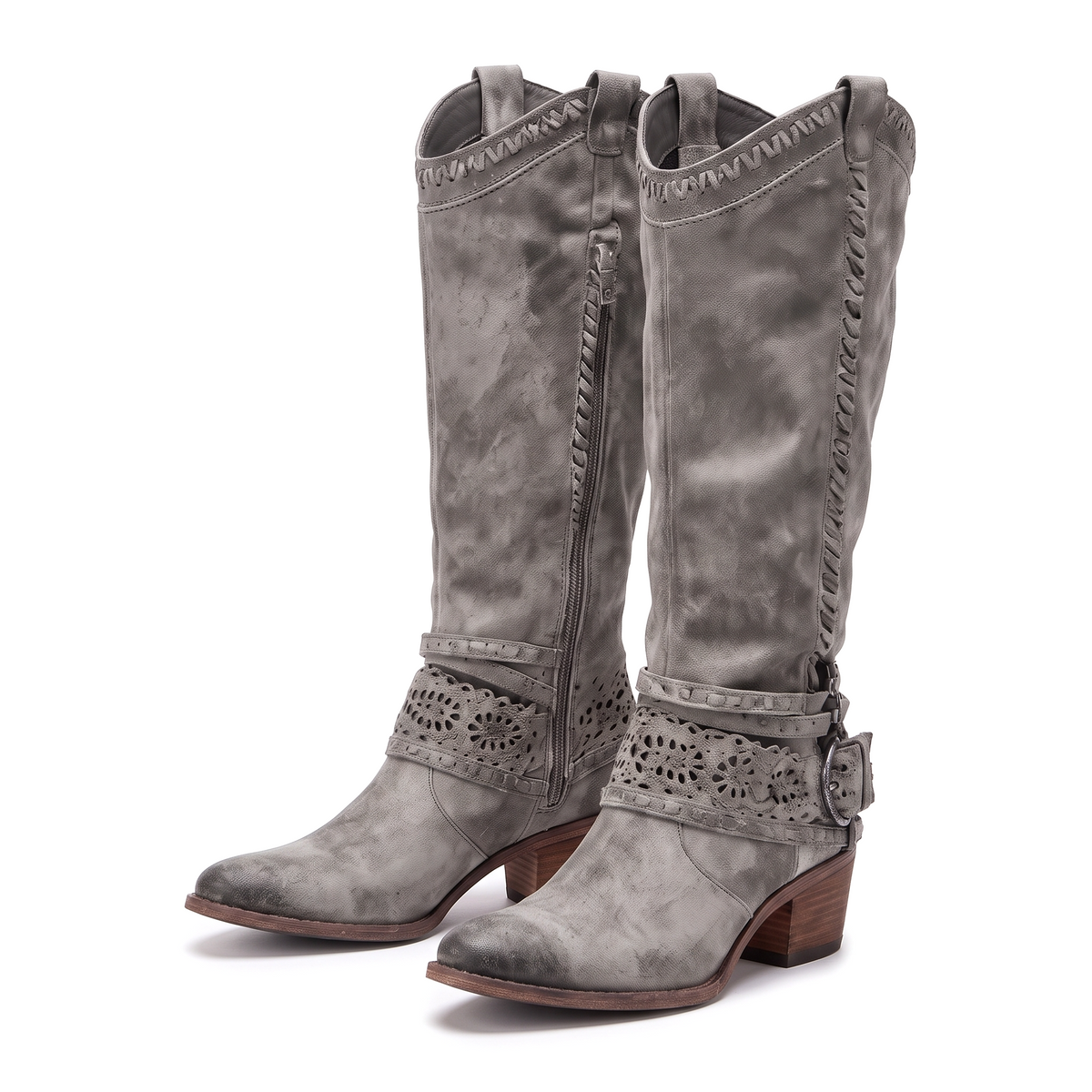 Laser-cut knee-high western buckle boots for women