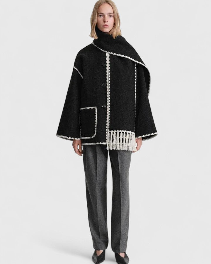 Contrast-trim scarf jacket in black for women
