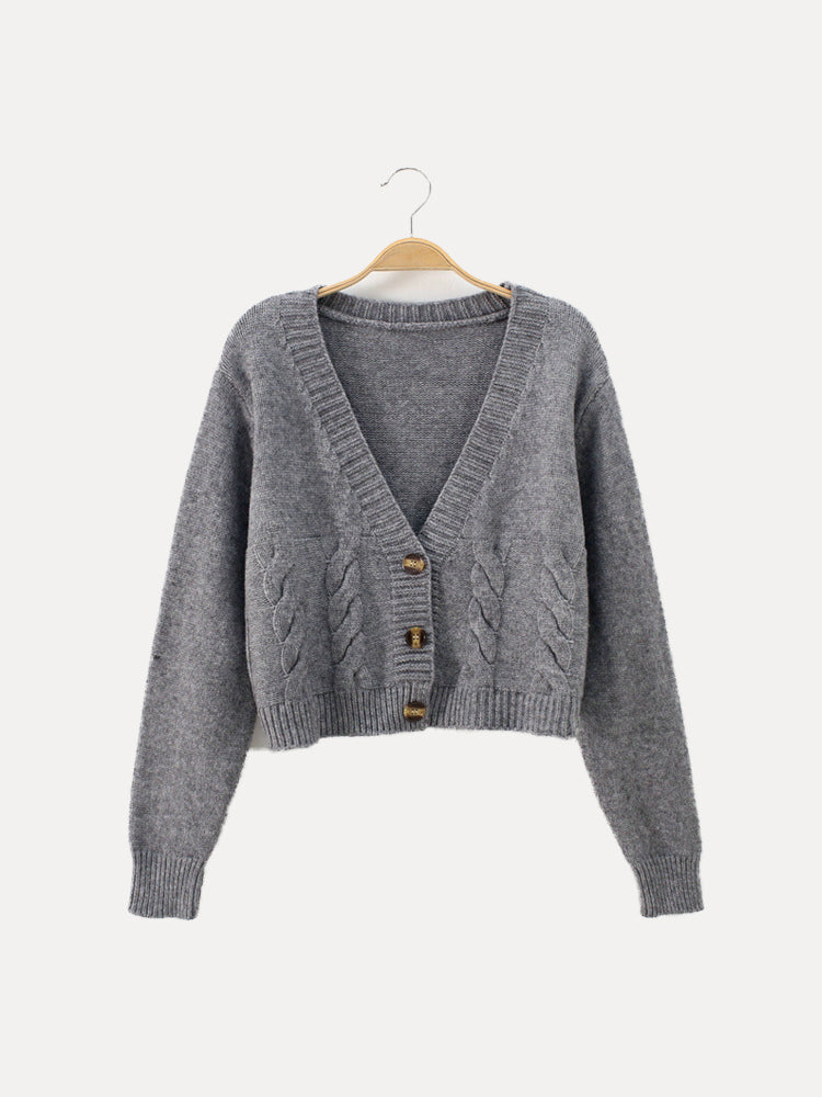 Cable knit V-neck cropped cardigan for women