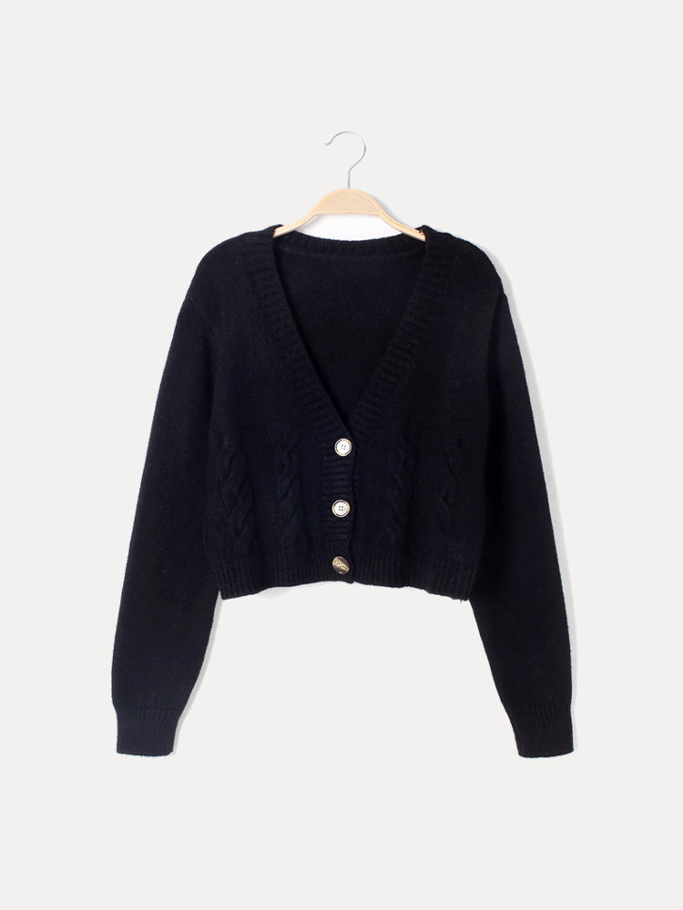 Cable knit V-neck cropped cardigan for women
