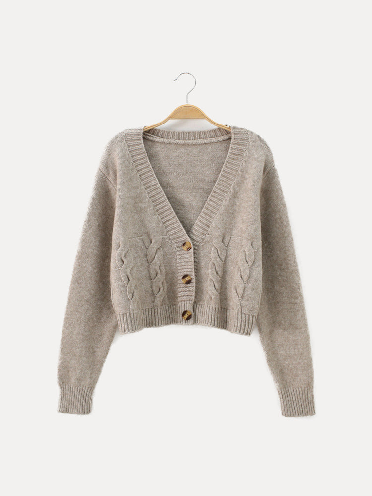 Cable knit V-neck cropped cardigan for women