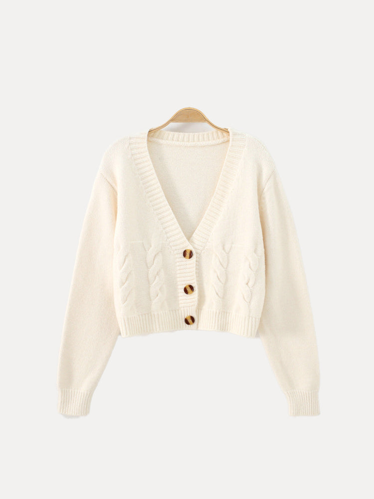 Cable knit V-neck cropped cardigan for women
