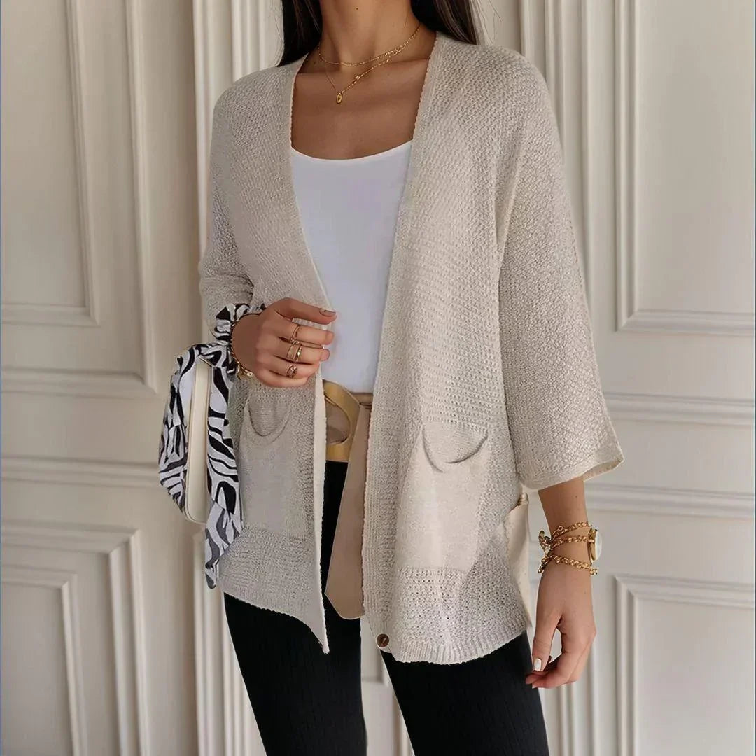 Crochet pocket cardigan in green, navy blue, khaki, white, beige, black and gray for women