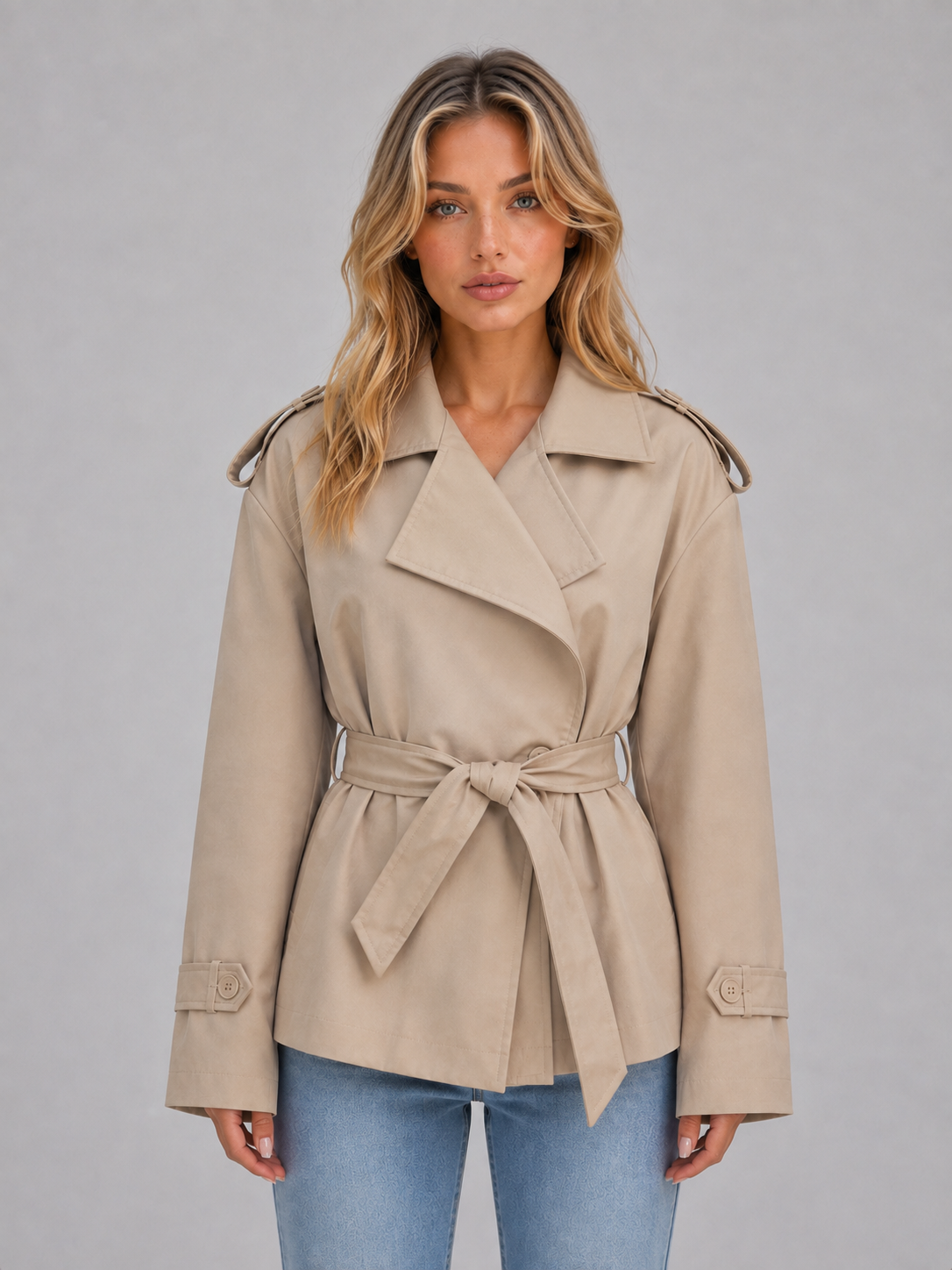 Epaulette short trench belted coat for women