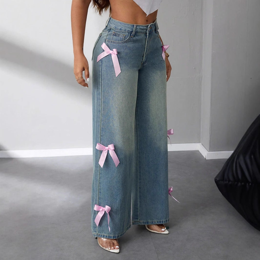 Bow ribbon wide leg jeans for women