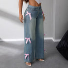 Bow ribbon wide leg jeans for women