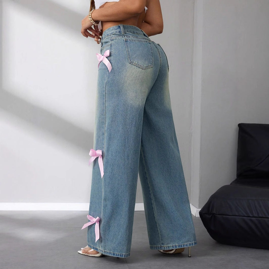 Bow ribbon wide leg jeans for women