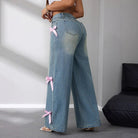 Bow ribbon wide leg jeans for women