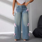 Bow ribbon wide leg jeans for women