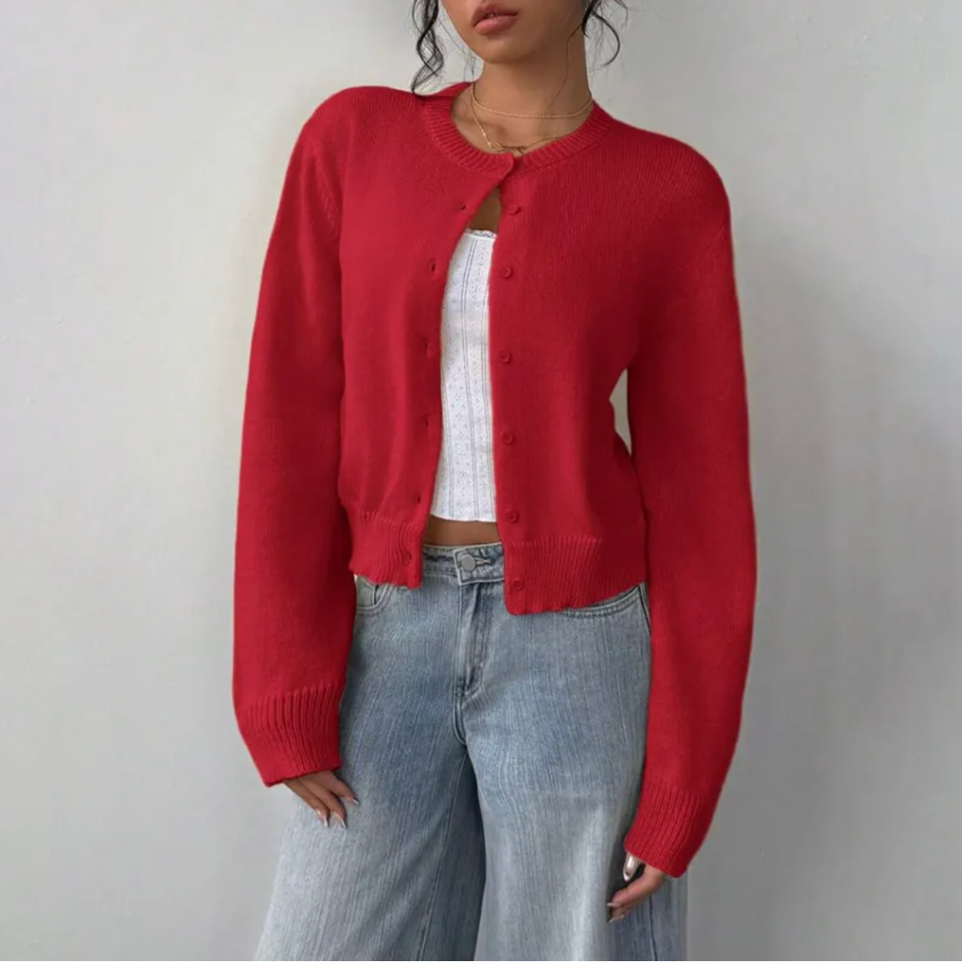 Cropped crew neck cardigan in white, black, light blue, red, yellow and gray for women
