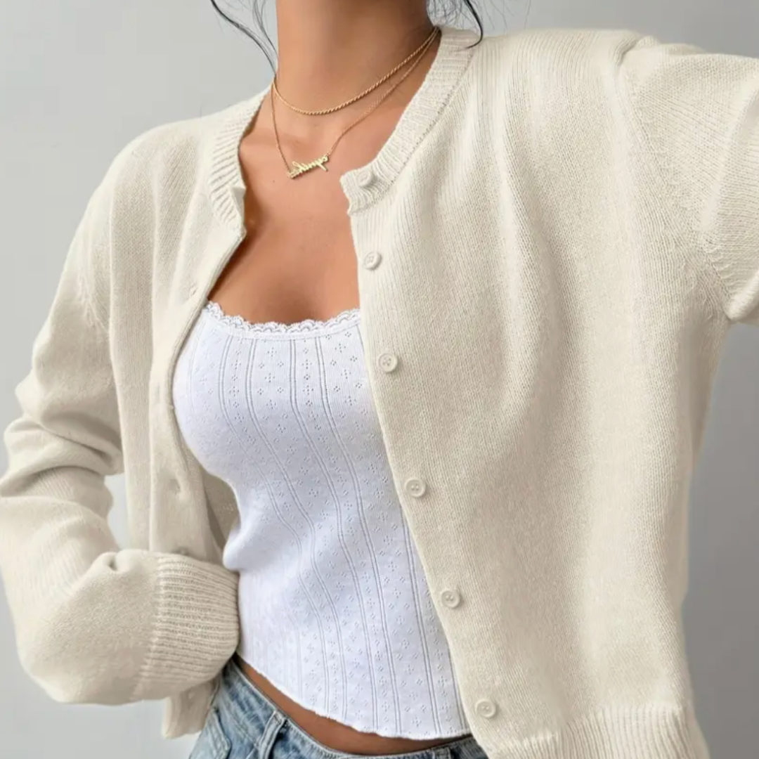 Cropped crew neck cardigan in white, black, light blue, red, yellow and gray for women